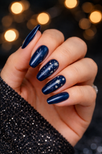 New Year's Eve nails in Airdrie, deep midnight blue gel manicure with silver star and snowflake accents on long almond shape, created at Top Nails 3