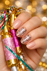 New Year's Eve nails in Airdrie, nude gel manicure with two multicolored confetti glitter accent nails on short oval shape, hand holding bright party poppers at Top Nails 3