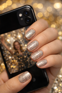 New Year's Eve nails in Airdrie, short silver glitter gel manicure on natural round nails, hand holding a phone while taking a party selfie at Top Nails 3