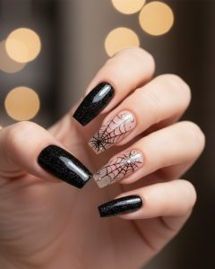 Glossy black coffin nails with nude spiderweb nail art and tiny star accents, Nail Trends 2026 inspo at Top Nails 3 Airdrie
