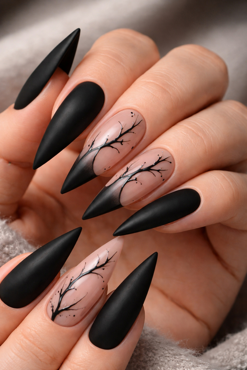 Matte black stiletto nails with nude negative space accents and minimalist black branch line art, bold Nail Trends 2026 at Top Nails 3 Airdrie