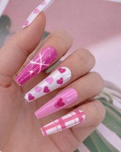 Valentine Nails nude base with white outlined heart design and small rhinestone accents, short square shape, Top Nails 3