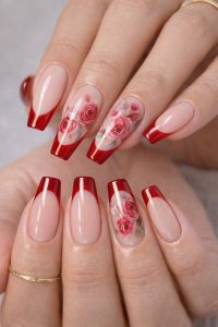 Glossy nude coffin nails with deep red French tips and realistic rose floral art on accent nails, romantic Nail Trends 2026 at Top Nails 3 Airdrie