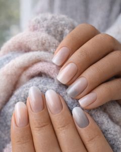 Valentine Nails and February nails at Top Nails 3, nude square nails with red heart outline art and small crystal accents, glossy gel shine