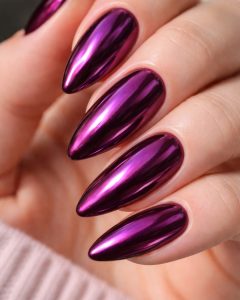 Metallic purple chrome almond nails, glossy mirror finish, International Women’s Day Nail Trends 2026 at Top Nails 3