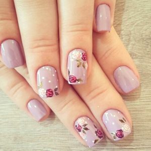 Soft mauve square nails with tiny rose floral art and white polka dots Floral Nails 2026 at Top Nails 3 Airdrie