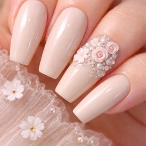 Nude coffin nails with rhinestones pearls and rose 3D flower nails art at Top Nails 3 Airdrie