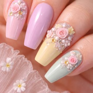 Pastel rainbow coffin nails with detailed 3D flower nails and rhinestones at Top Nails 3 Airdrie
