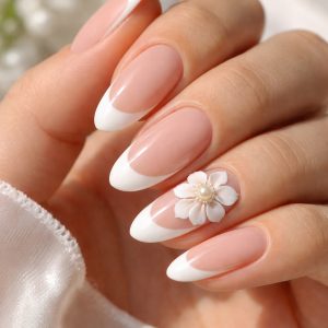 French tip almond nails with pearl center 3D flower nails accent at Top Nails 3 Airdrie