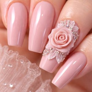 Pink coffin nails with large sculpted rose 3D flower nails and crystal accents at Top Nails 3 Airdrie