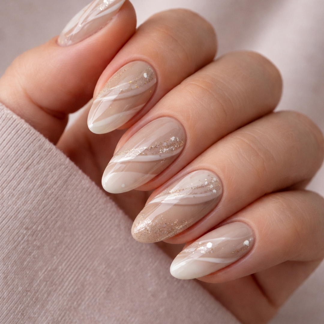 Neutral beige mix texture nails with marble swirls, glitter accents, and glossy finish on almond-shaped nails at Top Nails 3 Airdrie