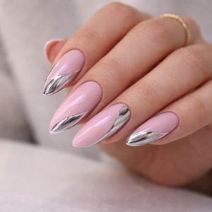 Pink mix texture nails with chrome silver wave design at Top Nails 3 Airdrie