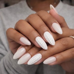 White mix texture nails with 3D sweater pattern design at Top Nails 3 Airdrie
