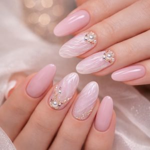 Pink pearl mix texture nails with embossed swirl patterns, rhinestones, and 3D pearl accents on almond-shaped nails at Top Nails 3 Airdrie
